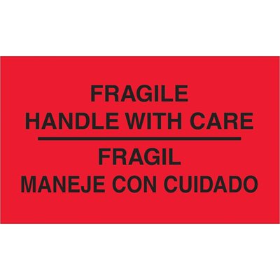 3 x 5" - "Fragil - Maneje Con Cuidado" (Fluorescent Red) Bilingual Labels