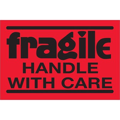 2 x 3" - "Fragile - Handle With Care" (Fluorescent Red) Labels