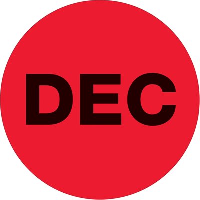 1" Circle - "DEC" (Fluorescent Red) Months of the Year Labels