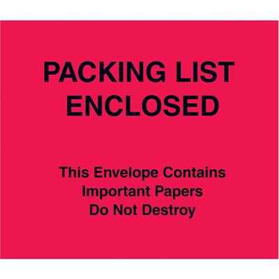 7 x 6" Red (Paper Face) "Packing List Enclosed" Important Papers Enclosed Envelopes