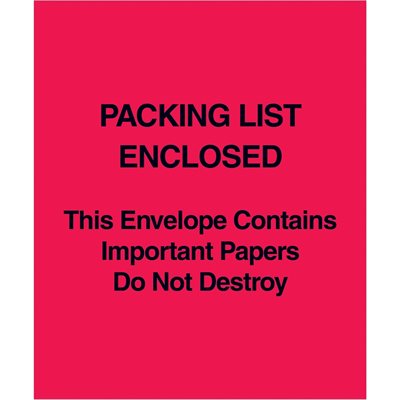 5 x 6" Red (Paper Face) "Packing List Enclosed This Envelope Contains…"