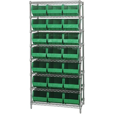36 x 18 x 74" - 8 Shelf Wire Shelving Unit with (21) Green Bins