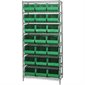 36 x 18 x 74" - 8 Shelf Wire Shelving Unit with (21) Green Bins