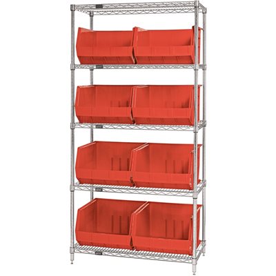 36 x 18 x 74" - 5 Shelf Wire Shelving Unit with (8) Red Bins